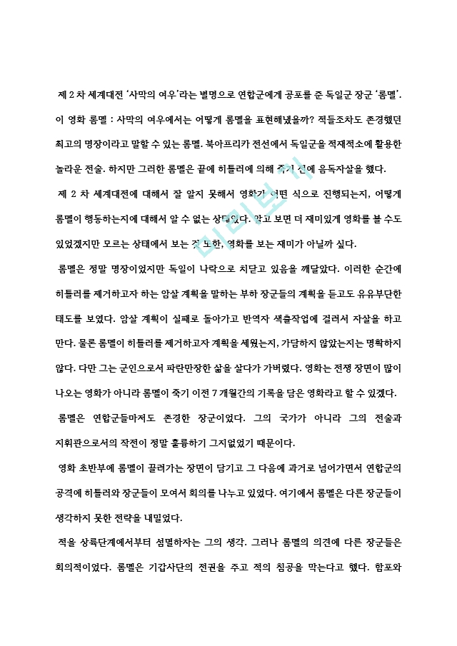 롬멜 사막의 여우 영화감상문, 롬멜 사막의 여우 영화감상 레포트, REPORT   (2 )